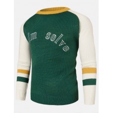 Mens Color Block Letter Embroidery Crew Neck Knitted Pullover Sweaters