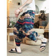 Mens Ethnic Style Print Drawdtring Asymmetrical Harem Pants