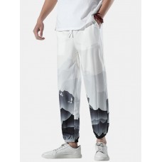 Mens Casual Landscape Print Drawstring Loose Pants