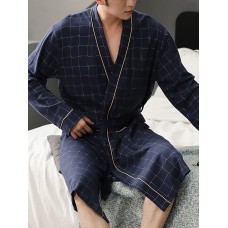 Mens Geometric Print Lapel Sashes Double Pocket Cotton Home Sleepwear Robes